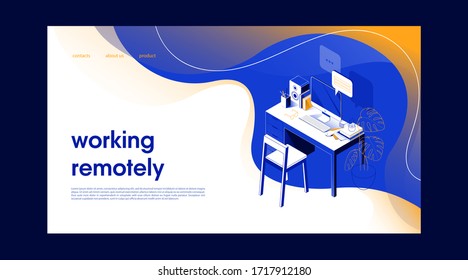 Background for a site with a blue-yellow gradient, on the topic of working remotely, with desktop details, in isometry. Vector illustration