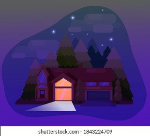 background for the site, icon for the site and instagram, cottage at night in the woods with a glowing window, Cozy house in the dark
