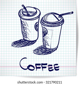 Background with sketch two takeaway coffee cup on checkered paper with space for text