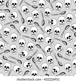 Background with skull and skeleton hands to Halloween with funny cartoon skeleton.