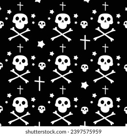 Background with skulls and stars.Black background with sculls and crosses.White bones 