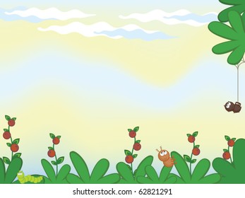 Background the sky. Bushes and a grass. Comical bugs and spiders creep.