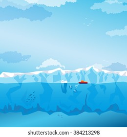 Background with sky, long Iceberg and red ship. Vector