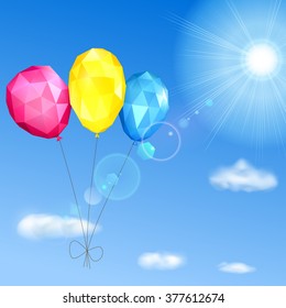 Background with sky, sun, clouds and low polygonal balloons made of triangular faces