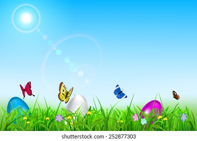 Background with sky, sun, grass, easter eggs, flowers and butterflies
