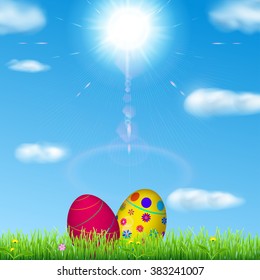 Background with sky, sun, grass, easter eggs and flowers