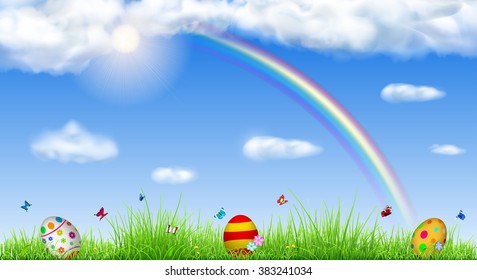 Background with sky, sun, grass, easter eggs, butterflies and flowers