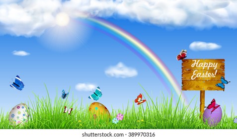 Background with sky, sun, grass, rainbow, easter eggs, butterflies, flowers and wooden pointer