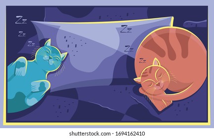 background with sleeping cats in bed at night