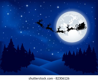 Background with Santa’s sleigh, Christmas tree and stars, illustration