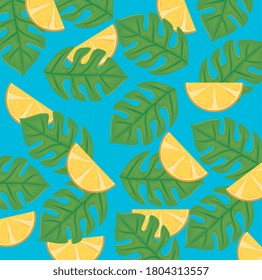 fondo de las naranjas en rodajas y hojas tropicales diseño de ilustraciones vectoriales