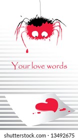 background with small cartoon spider smeared in red ink, tries to write love letter