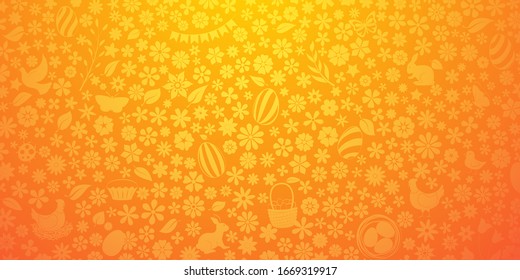 Background of small flowers and eggs, cake, hare, hen, chicken and other Easter symbols in yellow colors