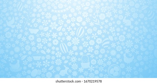 Background of small flowers and eggs, cake, hare, hen, chicken and other Easter symbols in light blue colors