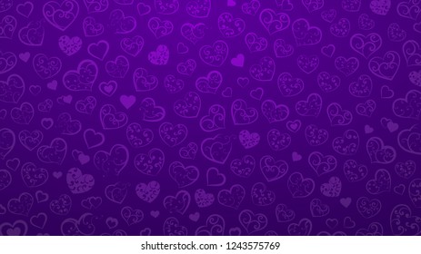 Background of small hearts with ornament of curls, in purple colors