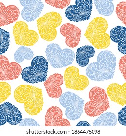 Background of small hearts with ornament of curls. Background for holiday cards and greetings. seamless love pattern vector illustration.