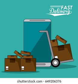 background smartphone and hand truck packages fast delivery