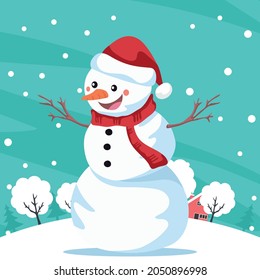 Background with smiling snowman over landscape with snowflakes