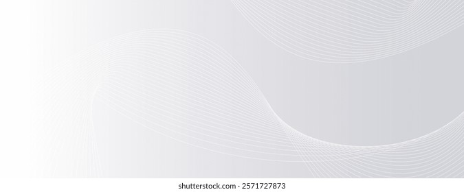 The background is a smooth gradient with a white background featuring subtle white wave patterns, creating a modern, minimalist texture. Wave background vector. Silver background.