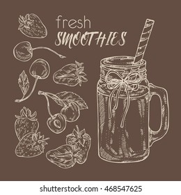 Background with smoothie with strawberry and cherry . hand drawn