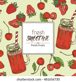 Background with smoothie with strawberry and cherry . hand drawn