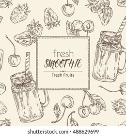 Background  with smoothie with strawberry and cherry . hand drawn