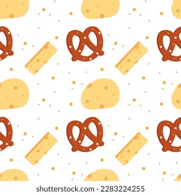 Background with snack food. Seamless pattern. Fast food restaurant, menu. Pretzel, chips. Vector