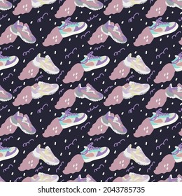 Background with sneakers. A pattern for sportswear or textiles. A substrate for sports design. Vector illustration