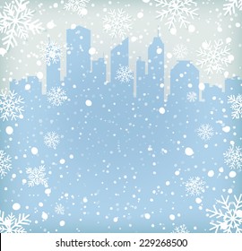 Background with snow flakes and city silhouette. Vector illustration