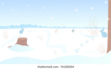 Background with snow and hares. Vector illustration.