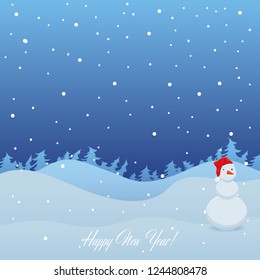 Background with snow and snowman, Christmas trees. Christmas. Vector.
