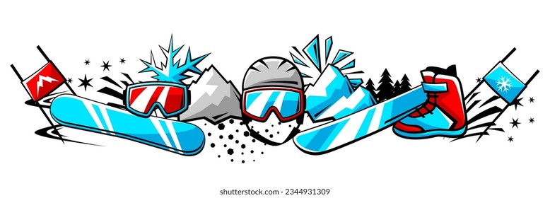 Background with snowboarding items. Winter sport illustration.