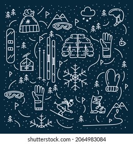 Background snowboarding and skiing. Icons in the circle of the doodle pattern of winter mountain sports. Linear winter background for a postcard. Vector illustration