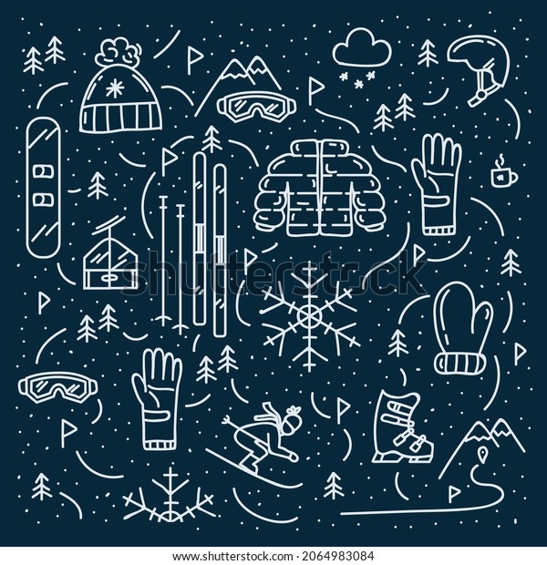 Background snowboarding and skiing.\
Icons in the circle of the doodle pattern of winter mountain\
sports. Linear winter background for a postcard. Vector\
illustration