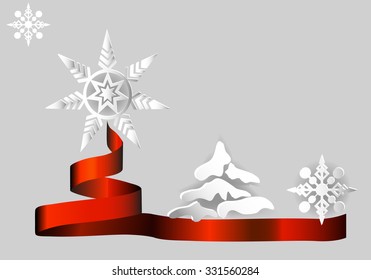 background with snowflake and christmas tree in white and red tones with place for text