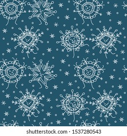 Background with snowflakes. Christmas pattern with white snowflakes on a blue background. Vector seamless texture with snowflakes for New Year and Christmas theme.