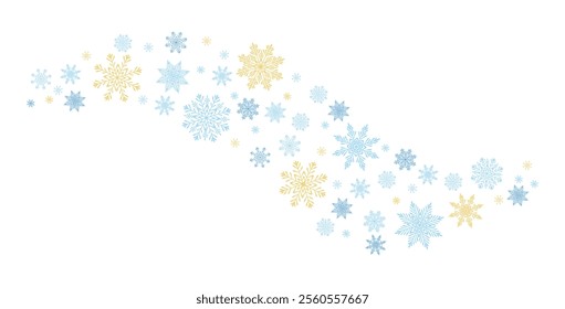 Background with snowflakes of different sizes in the form of a wave in cartoon style. Vector illustration of winter snowflakes of blue, gold and dark blue isolated on white background. Blizzard.