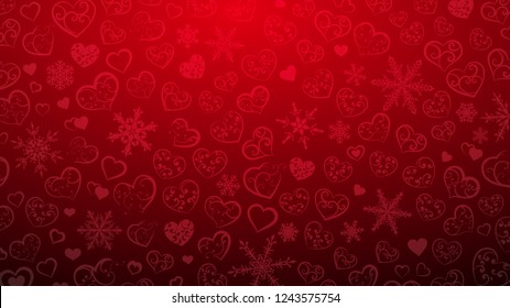 Background of snowflakes and hearts with ornament of curls, in red colors