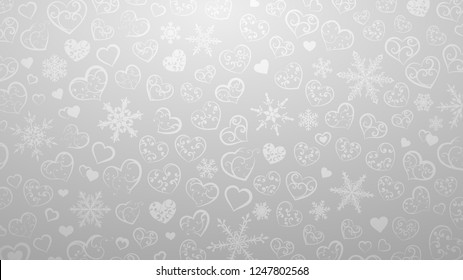Background of snowflakes and hearts with ornament of curls, in gray colors