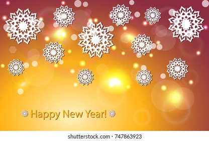 Background with snowflakes on a red yellow gradient. Postcard with a new year.