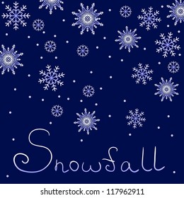 Background with snowflakes and sign snowfall on dark blue