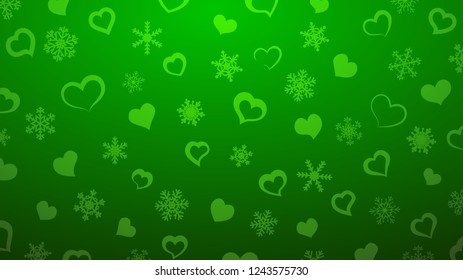 Background of snowflakes and small hearts, in green colors