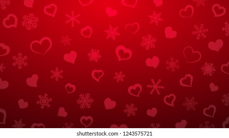 Background of snowflakes and small hearts, in red colors