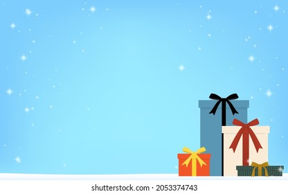 Background of snowing sky with lined up presents