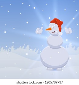 Background with a snowman. Cheerful snowman shows class! Snowman is shining. Vector.
