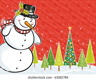 background with snowman and christmas tree in a forest,  vector illustration