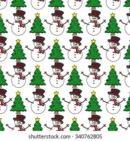 background snowman with Christmas trees
