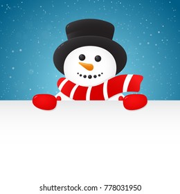 Background with Snowman holding a card with copyspace. Vector.