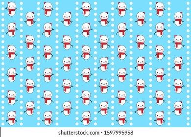 Background of snowman and red scarf on blue pattern. Abstract of snowman with blue background and seamless pattern.