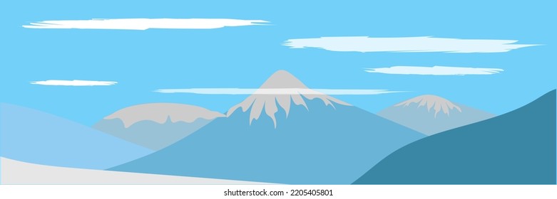 Background, snowy landscape and mountains, far away white clouds in the sky flying in the wind, vector illustration